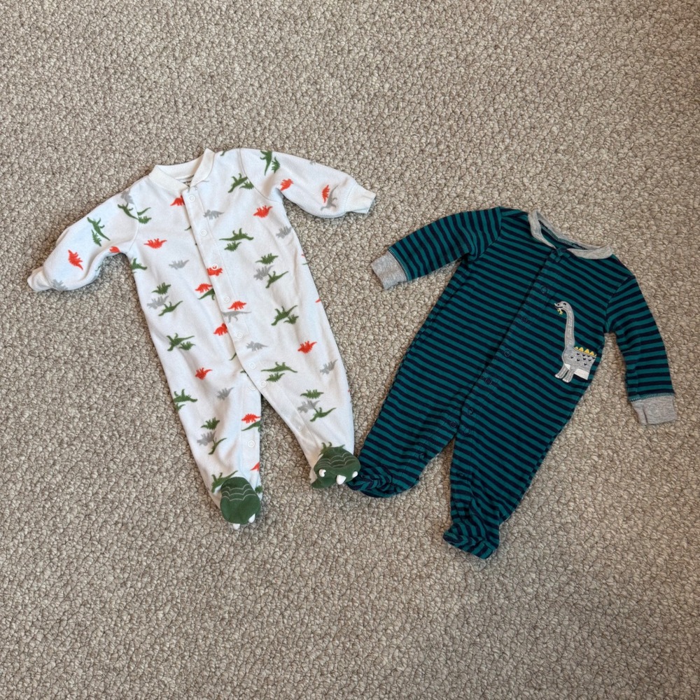 Carter's Size 3 Month Footed Pajamas Sleeper Dinosaur Print Teal Stripes 2-Pack‎